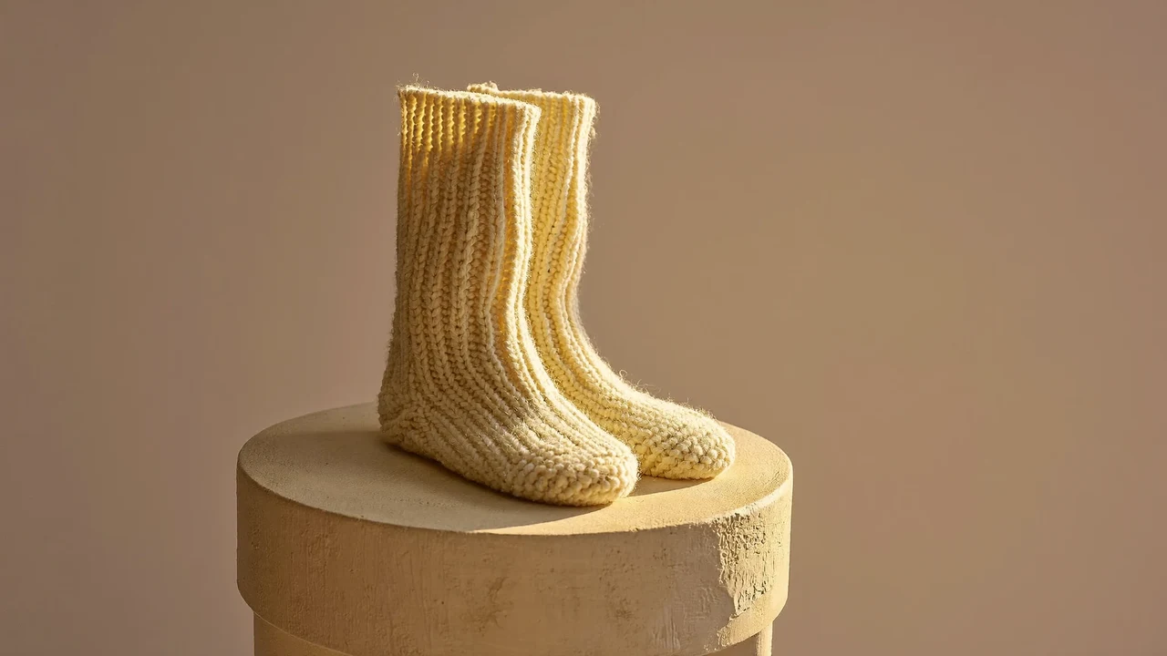 Cremefarbene Wollsocken als skulpturale Anordnung auf einem runden Gipssockel, Illustration