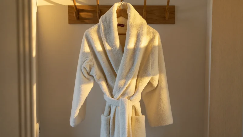 Fleece-Bademantel in warmem Elfenbein am Holzhaken im Bad, Illustration
