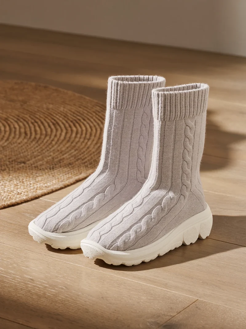 Gestrickte Stoppersocken auf hellem Holzboden neben einem Webteppich, Illustration