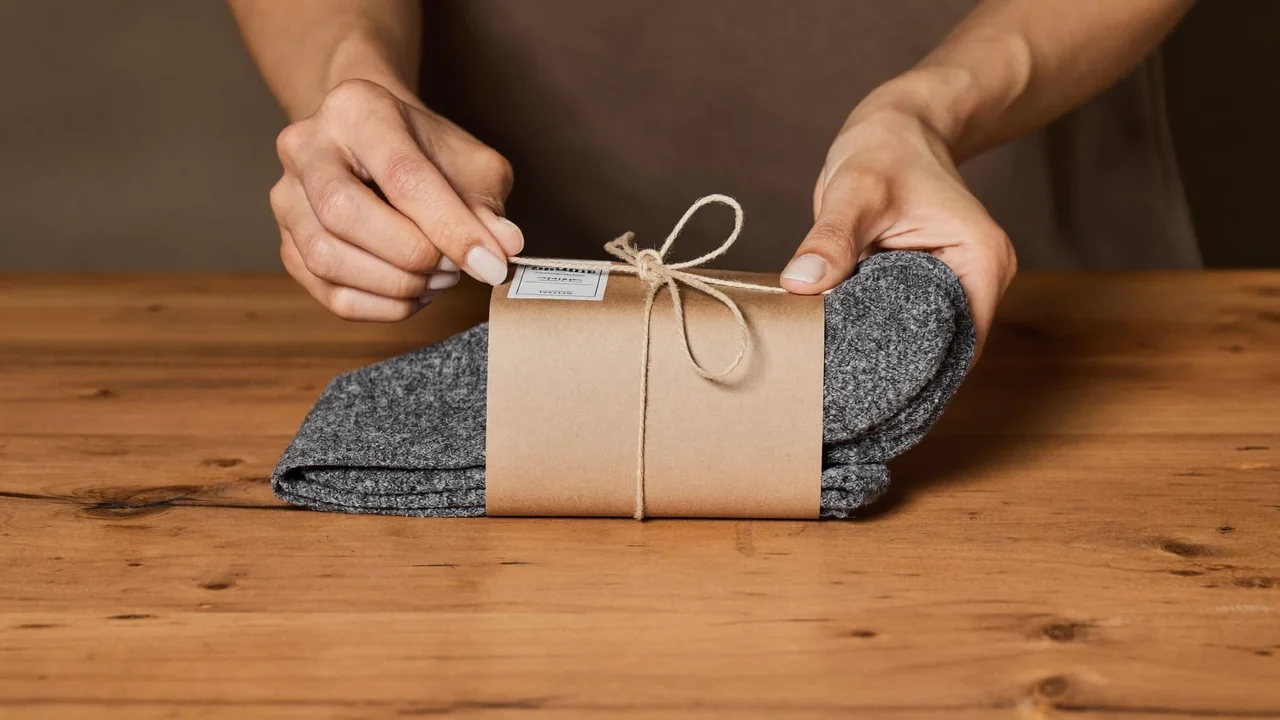 Hände verpacken ein Sockenpaar in schlichtes Kraftpapier mit Naturband, Illustration